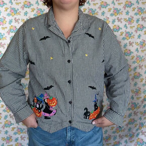 Lemon Grass gingham halloween embroidered long sleeve button up size 22 - Picture 1 of 6